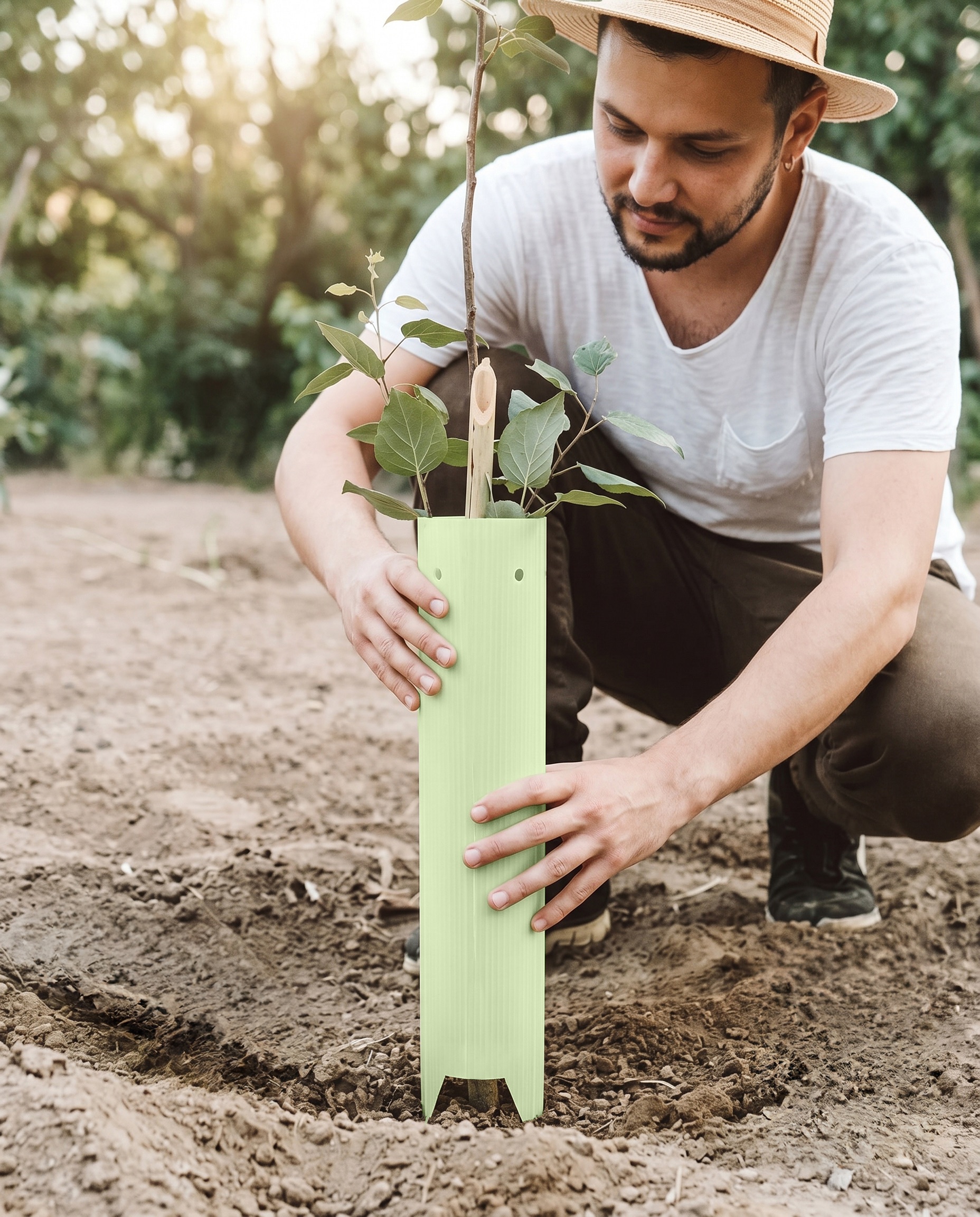 Gros plan d'une personne installant un manchon Celtitube autour d'un jeune plant