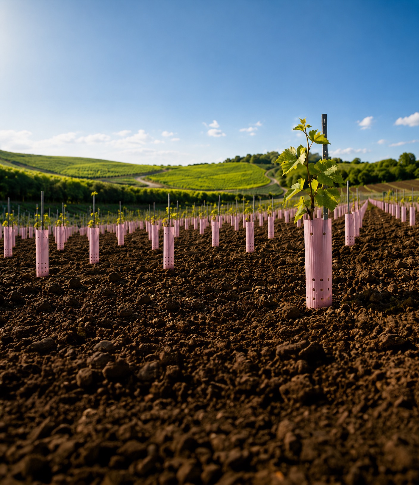 Rangs de jeunes vignes protégées par des manchons, au milieu de collines verdoyantes